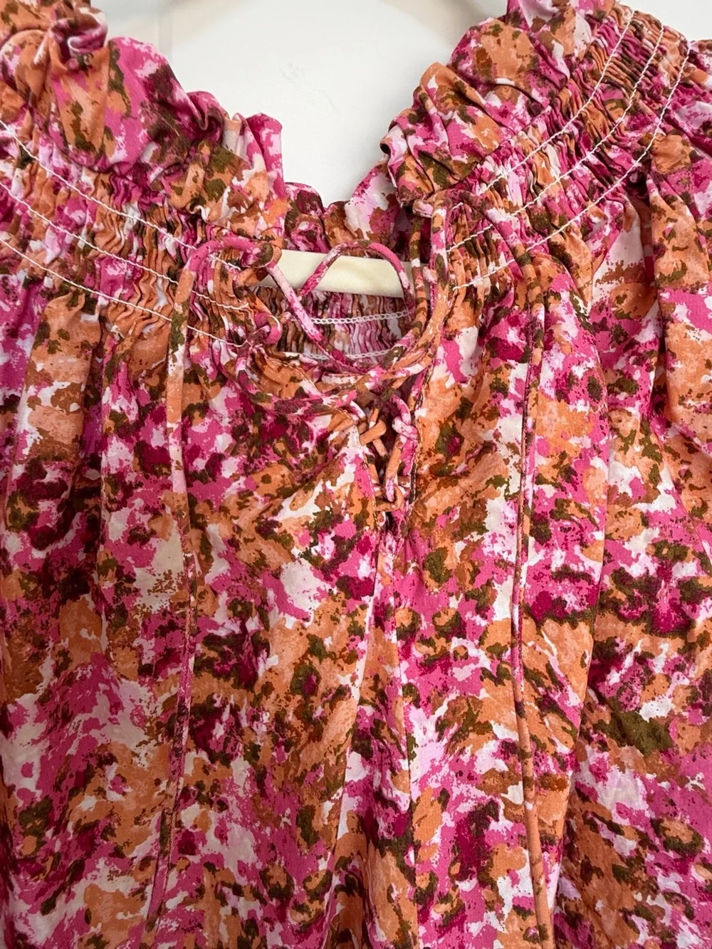 J. Crew Pink and Orange Floral Smocked Neck Blouse